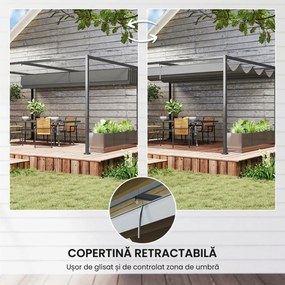 Outsunny Pergolă Gazebo 4x3 m cu Acoperiș Retractabil, Orificii de Drenaj, Țepușe și Șuruburi, Pergolă pentru Grădină din Poliester și Metal, Gri Închis | Aosom Romania