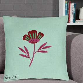 Perna Decorativa Floare Macul Roz-Rosu Grafic, 40x40 cm, Verde Menta, Husa Detasabila, Perna Inclusa, BEKZ®