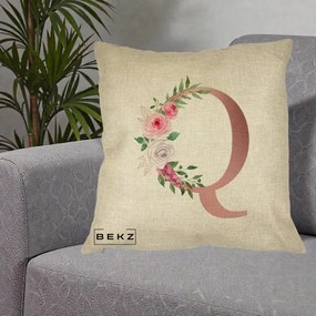 Cadou Personalizat - Perna Personalizata Monograma Rose Gold Litera Q, 40x40 cm, Crem, Husa Detasabila, Perna Inclusa, BEKZ®