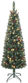 HOMCOM Pom de Crăciun Subțire 150 cm Artificial, Lumini Incorporate în 8 Moduri, 311 Ramuri Dense Ignifuge Înzăpezite, 30 Conuri de Pin și 30 Ciorchini de Boabe, Pom de Crăciun Înalt și Strâmt cu Bază din Metal | Aosom Romania