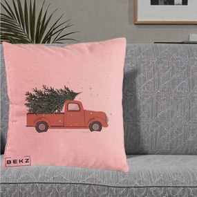 Perna Decorativa Camioneta Terracotta Brad de Craciun, 40x40 cm, Roz, Husa Detasabila, Perna Inclusa, BEKZ®