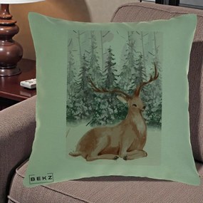 Perna Decorativa Ren in Padure Roz Moale, 40x40 cm, Verde, Husa Detasabila, Perna Inclusa, BEKZ®