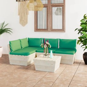 Set mobilier gradina din paleti cu perne, 5 piese, lemn molid Verde, colt + 3x mijloc + masa, 1