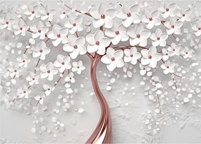 Tablou pe sticlă - Imaginea copacului alb cu flori albe, rosegold (70x50 cm)