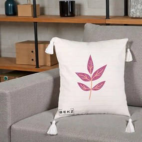 Perna Decorativa Ramura Botanica Mov, 40x40 cm, Bej cu Franjuri, Husa Detasabila, Perna Inclusa, BEKZ®