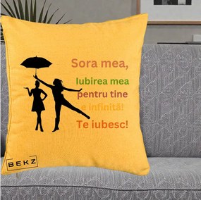 Cadou pentru Sora - Perna Personalizata Sora Mea Te Iubesc Siluete Colorate Umbrela, 40x40 cm, Galben, Husa Detasabila, Perna Inclusa, BEKZ®