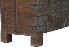 Cufăr vintage din lemn de tec, maro, cu plăci decorative din metal și două zăvoare, finisaj patinat, 98 x 137 x 44 cm, „Trunk”