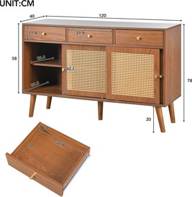 Comodă cu 3 sertare și 3 uși glisante, uși cu împletitură de ratan, 120×40×78 cm, Culoare naturală
