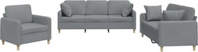 vidaXL Set de canapele cu perne, 3 piese, gri deschis, textil