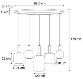 Lampă suspendată inteligentă neagră cu sticlă aurie și fum ovală cu 5 lumini, incluzând 5 Wifi G95 - Zuzanna