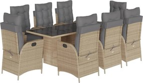 vidaXL Set de masă pentru grădină, 9 piese, cu perne, bej, poliratan