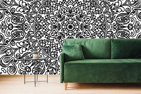 Tapet ornament cu motiv floral în alb-negru