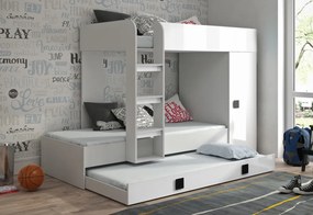 Supermobel Pat supraetajat pentru copii TOLEDO 2, 254,5x165x94,5, alb/alb lucios/roz mânere, stanga