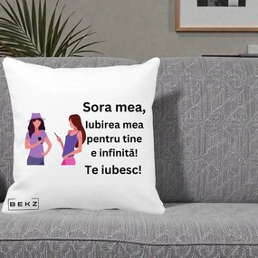 Cadou pentru Sora - Perna Personalizata Sora Mea Te Iubesc Doua Fete cu Telefoane, 40x40 cm, Alba Mata, Husa Detasabila, Perna Inclusa, BEKZ®