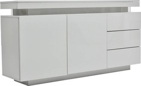 Comodă modernă cu finisaj lucios, fronturi fără mânere, 2 uși și 3 sertare, 140x35x72,5 cm, Alb