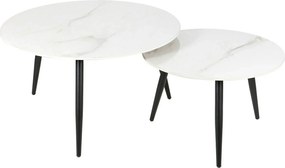 Set 2 masute cafea KORA D, alb cu efect de marmura/negru, ceramica/met