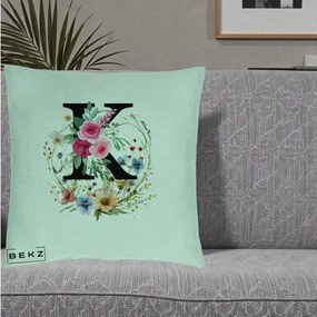 Cadou Personalizat - Perna Personalizata Monogram Litera K cu Flori Acuarela, 40x40 cm, Verde Menta, Husa Detasabila, Perna Inclusa, BEKZ®