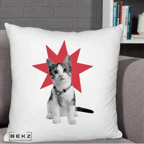 Perna Decorativa Pisica Star Pop Art, 40x40 cm, Alb Pufos, Husa Detasabila, Perna Inclusa, BEKZ®