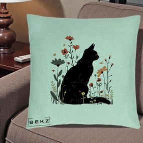 Perna Decorativa Pisica Neagra Profil Flori Portocalii, 40x40 cm, Verde Menta, Husa Detasabila, Perna Inclusa, BEKZ®