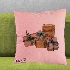 Perna Decorativa Cadouri de Craciun Kraft, 40x40 cm, Roz, Husa Detasabila, Perna Inclusa, BEKZ®