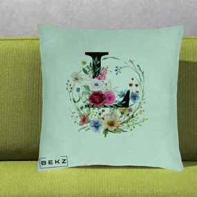 Cadou Personalizat - Perna Personalizata Monogram Litera L cu Flori Acuarela, 40x40 cm, Verde Menta, Husa Detasabila, Perna Inclusa, BEKZ®