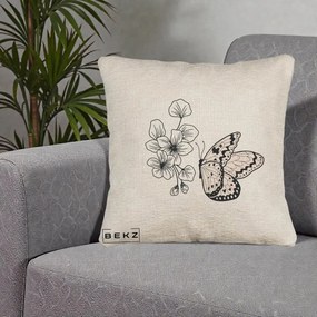 Perna Decorativa Fluture si Flori Linie Monocroma, 40x40 cm, Bej Canapea, Husa Detasabila, Perna Inclusa, BEKZ®