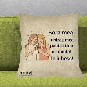 Cadou pentru Sora - Perna Personalizata Sora Mea Te Iubesc Imbratisare cu Sclipiri, 40x40 cm, Crem, Husa Detasabila, Perna Inclusa, BEKZ®