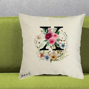 Cadou Personalizat - Perna Personalizata Monograma Florala Litera X cu Coroana, 40x40 cm, Ecru, Husa Detasabila, Perna Inclusa, BEKZ®