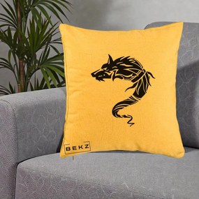 Perna Decorativa Lup Tribal Alb-Negru, 40x40 cm, Galben, Husa Detasabila, Perna Inclusa, BEKZ®