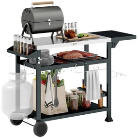 Outsunny Carucior Masa pentru Gratar cu Masa Laterala Pliabila, Blat din Otel Inoxidabil, Carucior Portabil pentru Gratar cu 2 Roti, 6 Carlige