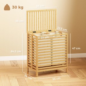HOMCOM Coș de Rufe din Bambus 64L cu Capac, 2 Saci din Material Oxford Detașabili și Lavabili, Culoare Lemn | Aosom Romania