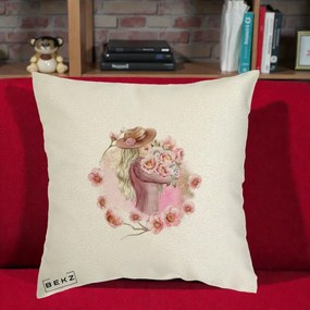 Perna Decorativa Femeie cu Flori Roz Acuarela, 40x40 cm, Ecru, Husa Detasabila, Perna Inclusa, BEKZ®