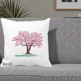 Perna Decorativa Cires Inflorit Acuarela, 40x40 cm, Alba Mata, Husa Detasabila, Perna Inclusa, BEKZ®