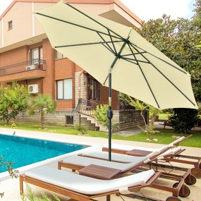 Outsunny Umbrelă de Grădină Inclinabilă Ø265 cm cu 32 Lumini LED Solare și Manivelă, Umbrelă de Exterior cu 8 Spițe, din Oțel, Poliester, pentru Terasă, Curte, Balcon, Bej | Aosom Romania