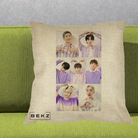 Perna Personalizata K-pop BTS Colaj 7 Portrete cu Inimi Lila, 40x40 cm, Crem, Husa Detasabila, Perna Inclusa, BEKZ®