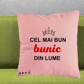 Cadou pentru Bunic - Perna Personalizata Cel Mai Bun Bunic Din Lume Coroana Rosu, 40x40 cm, Roz, Husa Detasabila, Perna Inclusa, BEKZ®