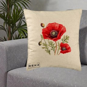 Perna Decorativa Maci Rosii Acuarela, 40x40 cm, Bej, Husa Detasabila, Perna Inclusa, BEKZ®
