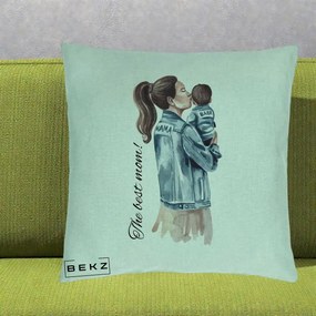 Cadou pentru Mama - Perna Personalizata The Best Mom Jachete, 40x40 cm, Verde Menta, Husa Detasabila, Perna Inclusa, BEKZ®