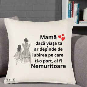 Cadou pentru Mama - Perna Personalizata Mama Nemuritoare Line Art, 40x40 cm, Crem Reliefat, Husa Detasabila, Perna Inclusa, BEKZ®