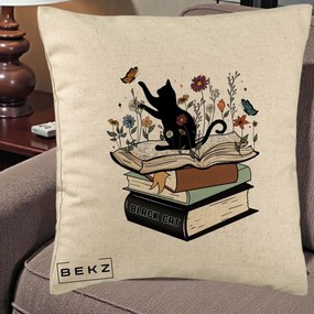 Perna Personalizata Pisica Neagra Carti Flori Fluturi, 40x40 cm, Bej, Husa Detasabila, Perna Inclusa, BEKZ®