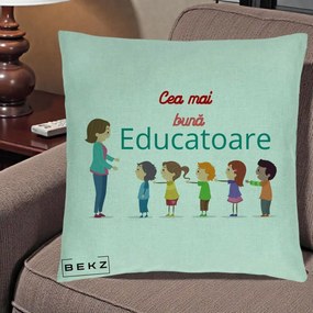 Cadou pentru Educatoare - Perna Personalizata Cea mai Buna Educatoare cu Ilustratie Copii si Educatoare, 40x40 cm, Verde Menta, Husa Detasabila, Perna Inclusa, BEKZ®