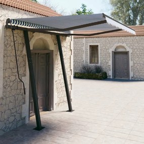 vidaXL Copertină retractabilă automat cu stâlpi albastru&amp;alb 3,5x2,5 m