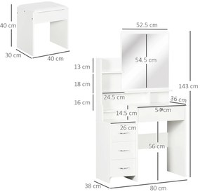 HOMCOM Post de machiaj cu oglindă mare din sticlă temperată, tocător de machiaj cu scaun căptușit, 4 sertare și 4 rafturi, post de machiaj pentru dormitor, alb | Aosom Romania