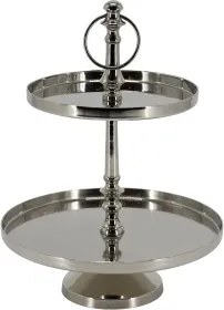Platou servire din aluminiu cu 2 tăvi rotunde, finisaj argintiu, H35 cm, Ø25,5 cm