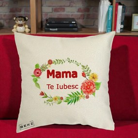 Cadou pentru Mama - Perna Personalizata Mama Te Iubesc Flori Rosii, 40x40 cm, Ecru, Husa Detasabila, Perna Inclusa, BEKZ®