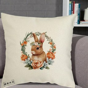 Perna Decorativa Iepuras Floral Coronita Acuarela, 40x40 cm, Ecru, Husa Detasabila, Perna Inclusa, BEKZ®