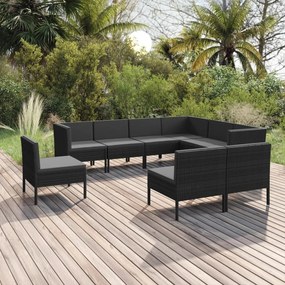 Set mobilier de gradina cu perne, 9 piese, negru, poliratan 3x colt + 6x mijloc, 1