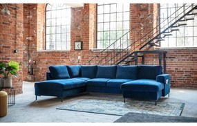 Canapea extensibilă din catifea în formă de „U” cu șezlong pe partea stângă Miuform Lofty Lilly, albastru marin