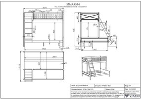 Pat supraetajat pentru familie SCOTT, alb, 140 x 200 cm + 90 x 200 cm, din pin scandinav și MDF, cu somiere incluse – Vipack