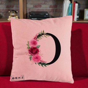 Cadou Personalizat - Perna Personalizata Monograma Florala Litera O, 40x40 cm, Roz, Husa Detasabila, Perna Inclusa, BEKZ®